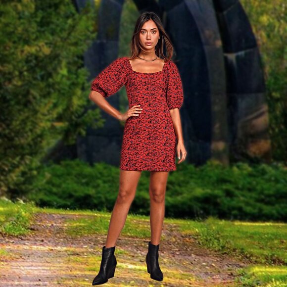 Free People Sunset Bodycon Mini Dress Knit Puff Sleeve Pull-On Square Neck XS - Picture 1 of 11